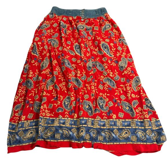 Vtg 90s Maxi Western Skirt Womens Large Red Paisley Floral Rodeo Prairie Cottage - Picture 1 of 5